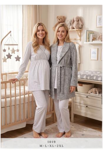 Kışlık Gri Polar Sabahlıklı Lohusa Pijama Takımı- 1019